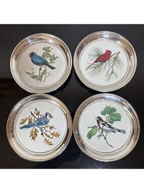 Vtg Sheridan Silverplate Song Bird Coasters Set of 4 Ceramic Tile Cardinal Jay